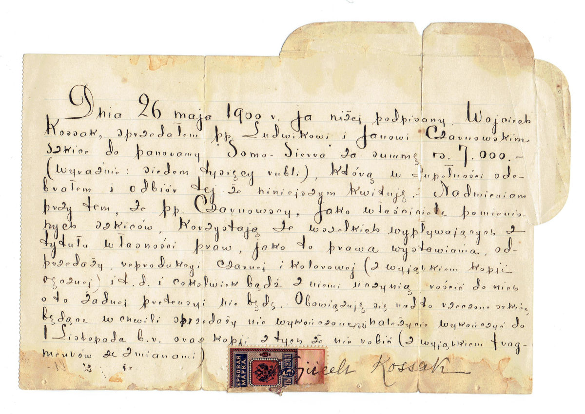 Umowa dotycząca sprzedaży szkiców Ludwikowi i Janowi Czarnowskim, z 26 maja 1900 roku, podpisana przez Wojciecha Kossaka, ze zbiorów MNZP.