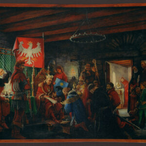 MPS-13053, Marian J. Fida, Przywilej lokacyjny Władysława Jagiełły dla Przemyśla (1 października 1389 r.); olej na płótnie, 100 cm x 120 cm