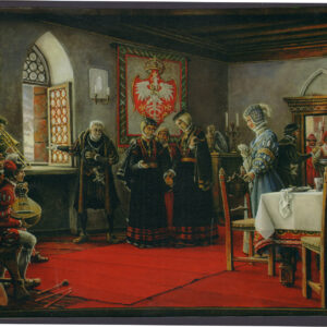 MPS-13057, Marian J. Fida, Jagiellońskie królewny Anna i Katarzyna w Przemyślu (od jesieni 1559 do lata 1560); olej na płótnie, 80 cm x 100 cm