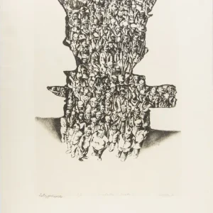 „Zstąpienie”, 1975, akwaforta z tinta na papierze, 100 x 65 cm, nr inw. MPS-1097