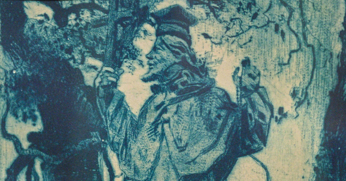 Marian Stroński, Przydrożna figura Św. Jana Nepomucena w Ruszelczycach, 1936, grafika, sucha igła, miękki werniks, 32x23.5 cm, MPS-1145.