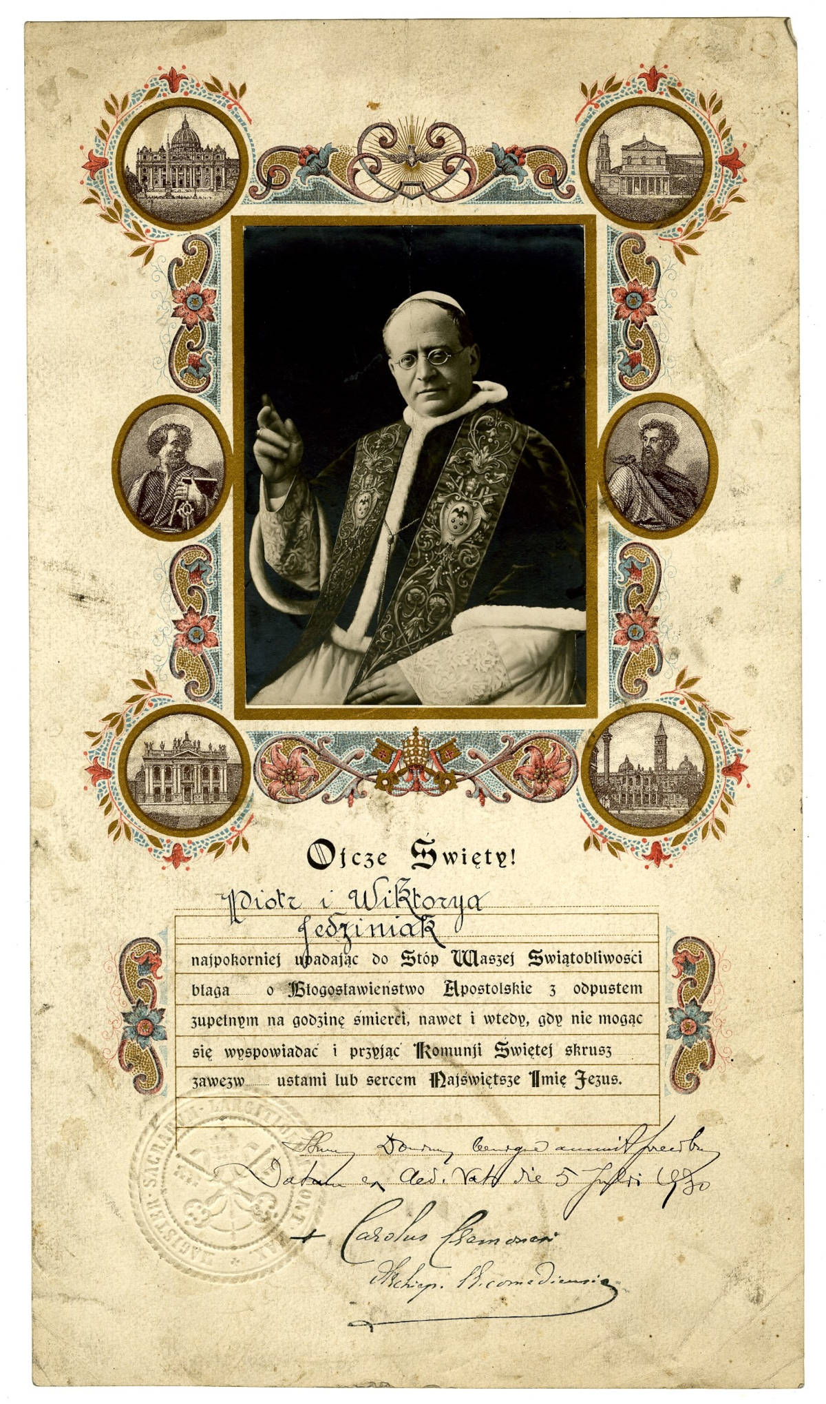 Błogosławieństwo papieskie dla Piotra i Wiktorii Jedziniak z 1930 r. Źródło: Dział Historii MNZP, sygn. SNA-6904/2018