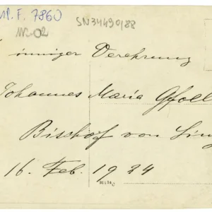 MPF-7860b – Biskup Johannes Maria Gföllner, Linz, 16 luty 1924 (fot. Franz Seraph Josef Weidinger). Rewers fotografii.