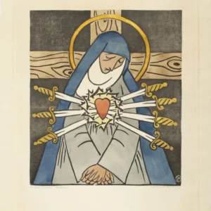 Grafika Linoryt kolorowany akwarelą z teki Bogurodzica Matka Boska Bolesna, Aniela z Wolskich Pawlikowska, Medyka, Zakopane, Polska, 1932-1936, MPS-11266, MNZP