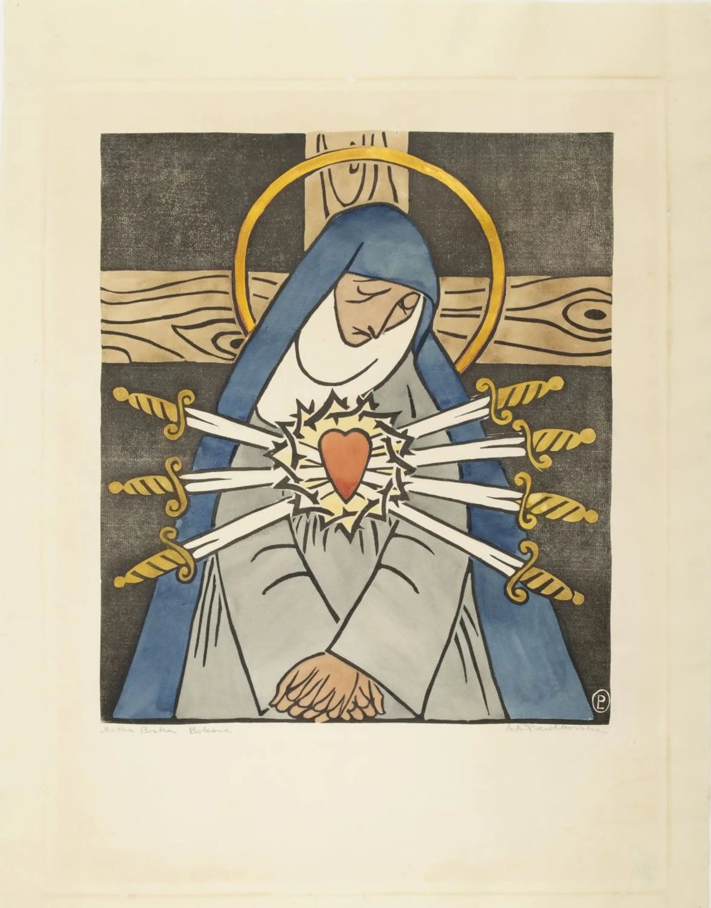 Grafika Linoryt kolorowany akwarela z teki Bogurodzica Matka Boska Bolesna Aniela z Wolskich Pawlikowska Medyka Zakopane Polska 1932-1936 MPS-11266 MNZP